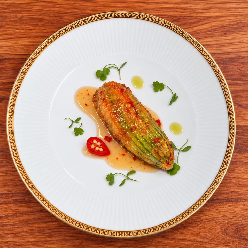 Glazed roasted zucchini garnished with chili, cilantro, and sauce on an ornate white plate atop a wooden table.