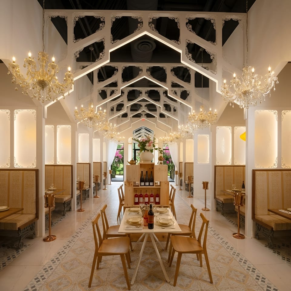 Bright, elegant restaurant interior with chandeliers, white arches, booth seating, and a garden view.