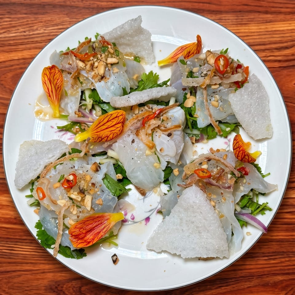 Delicate gỏi cá salad with translucent fish, herbs, peanuts, chili, crispy crackers, and vibrant flower petals.