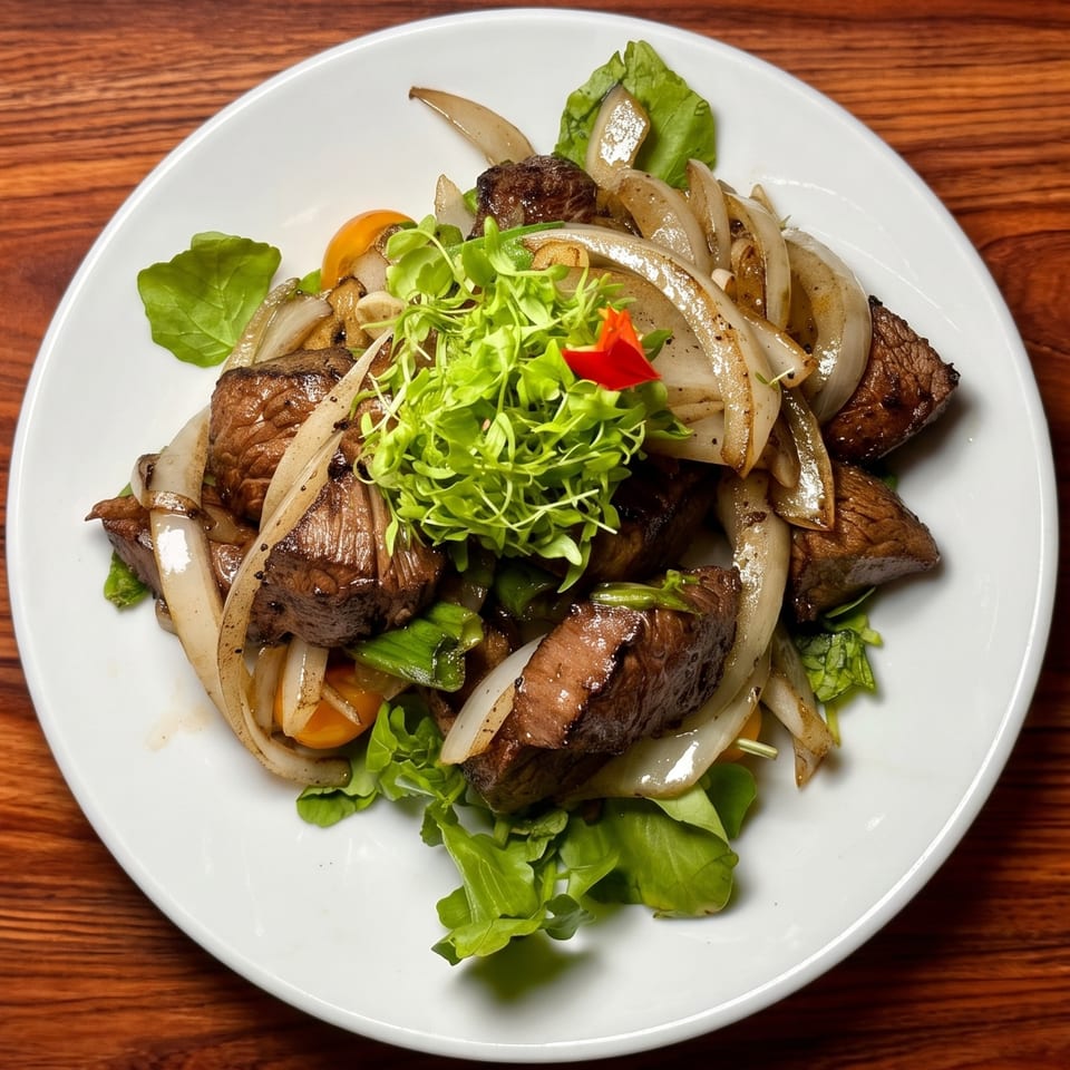 Diced steak with sautéed onions, green garnish, and cherry tomatoes on a white plate.