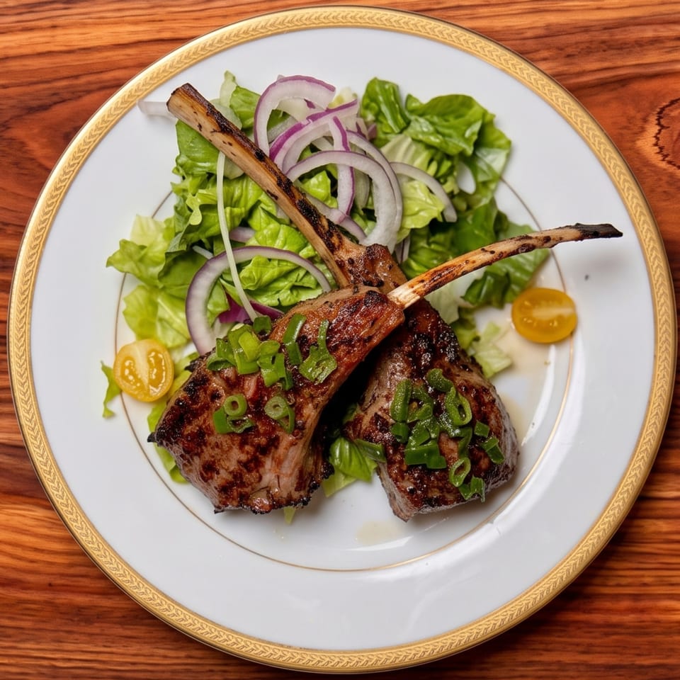 Two grilled lamb chops with green onions, fresh salad, red onions, and yellow tomatoes on a plate.